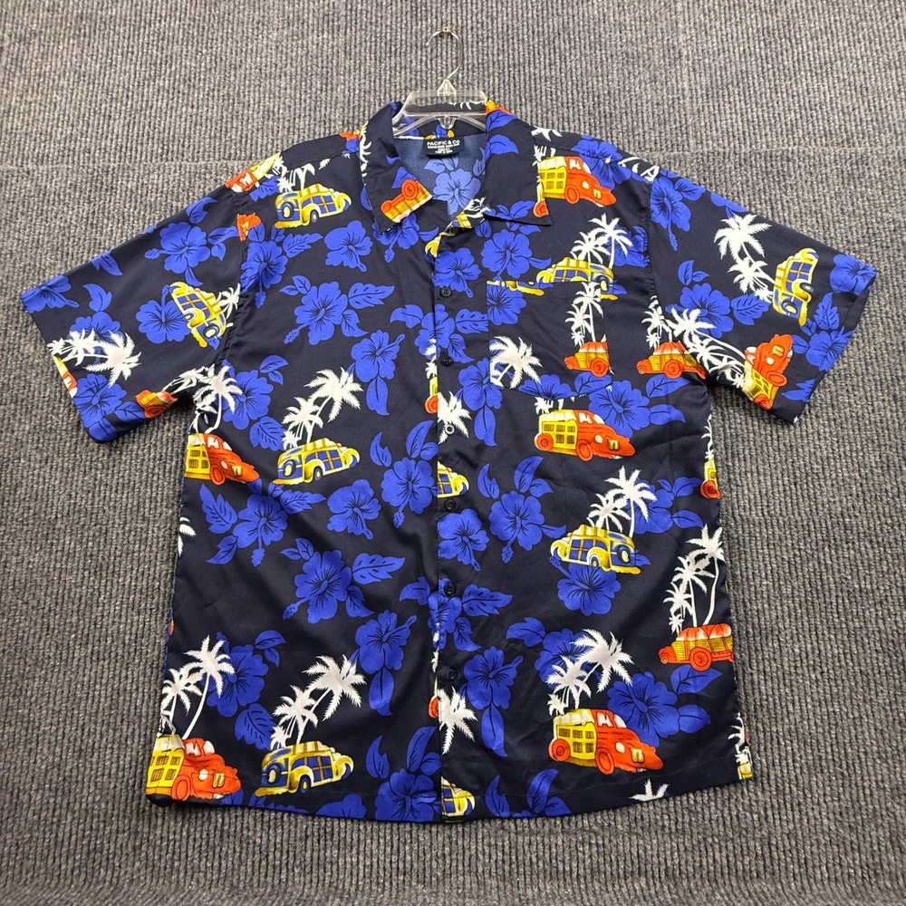Pacific & Co Mens Large Navy Blue Aloha‎ Surf Bus Tropical Hibiscus Camp Shirt